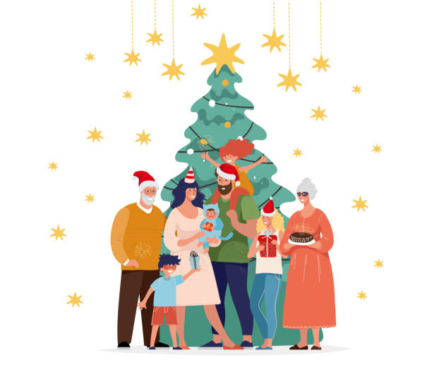Family together at home for christmas. Happy family greets New Year with children, grandparents and a decorated Christmas tree. Flat cartoon vector illustration. Family together at home for christmas. Happy family greets New Year with children, grandparents and a decorated Christmas tree. Flat cartoon vector illustration family christmas stock illustrations