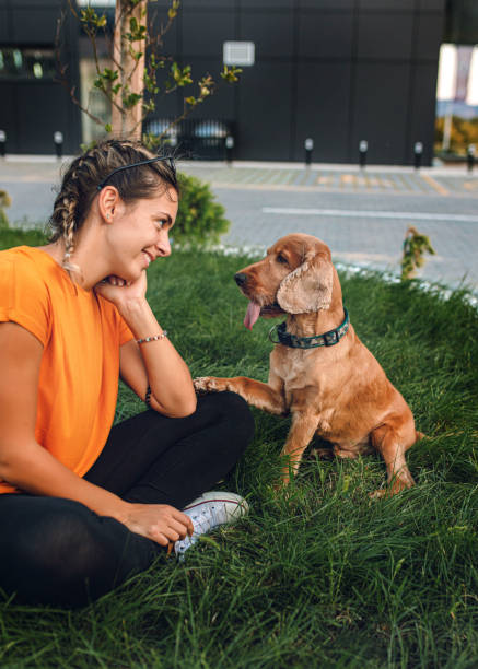 istock Beautiful woman playing with her dog 1277319511
