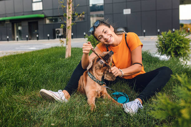 istock Beautiful woman playing with her dog 1277319531