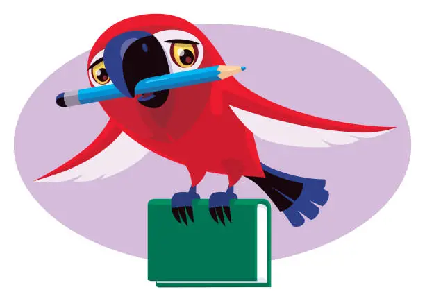 Vector illustration of parrot holding pencil and book