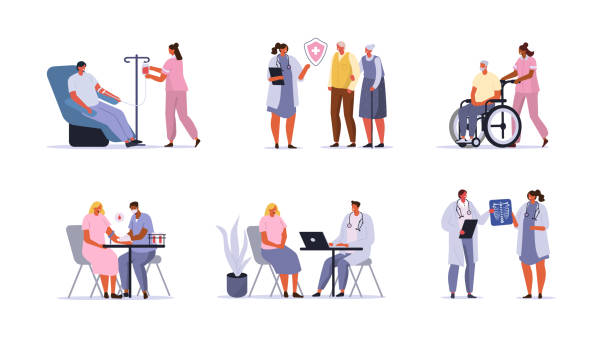 medical staff and patients Doctors and Patients Characters set. Man donating Blood, Nurse caring for Elderly Person, Doctor Consulting Woman and other Scenes in Hospital. Health Care Concepts. Flat Cartoon Vector Illustration. doctor patient stock illustrations