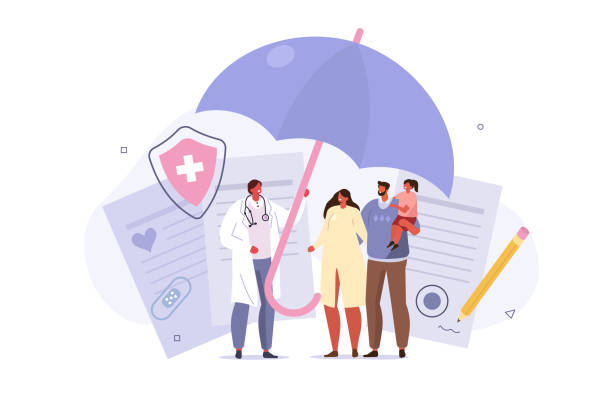 family health insurance Doctor and Patients in Hospital filling Health and Life Insurance Policy Contract. Doctor holding Umbrella over Family to Protect from Accident. Health Care Concept. Flat Cartoon Vector Illustration. medical insurance stock illustrations