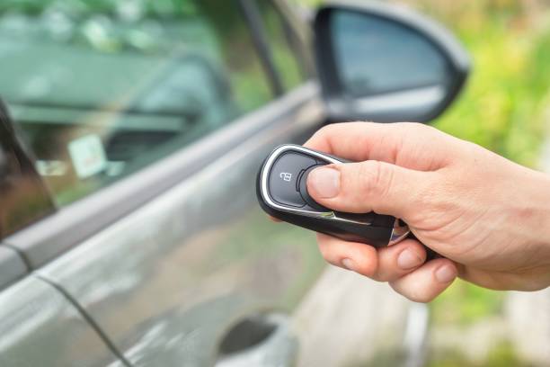 istock Woman lock or unlock her car with car remote control 1277324121