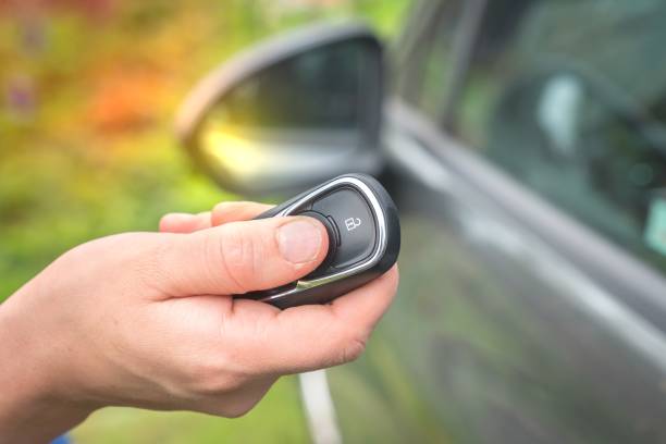 istock Woman lock or unlock her car with car remote control 1277324127