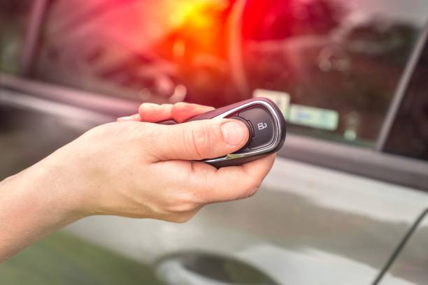 istock Woman lock or unlock her car with car remote control 1277324157