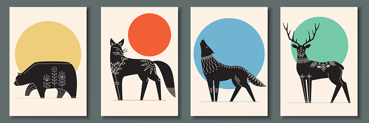 Abstract poster collection with animals: bear, fox, wolf, deer. Set of contemporary scandinavian art print templates. Ink animals with floral ornament and geometrical shapes on the background.