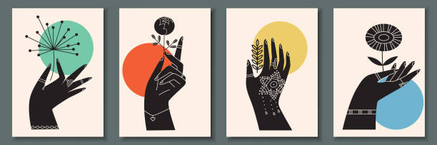 ilustraciones, imágenes clip art, dibujos animados e iconos de stock de cartel con manos abstractas - hand holding flowers