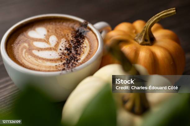 Pumpkin Spice Latte On A Wooden Background Stock Photo - Download Image Now - Pumpkin Spice Latte, Latte, Mug