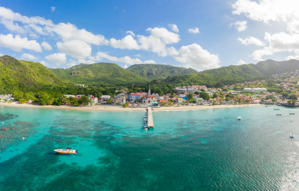 アンス・ダレット湾、マルティニーク、カリブ海、パノラマの空中写真 - yacht harbor anchored bay ストックフォトと画像