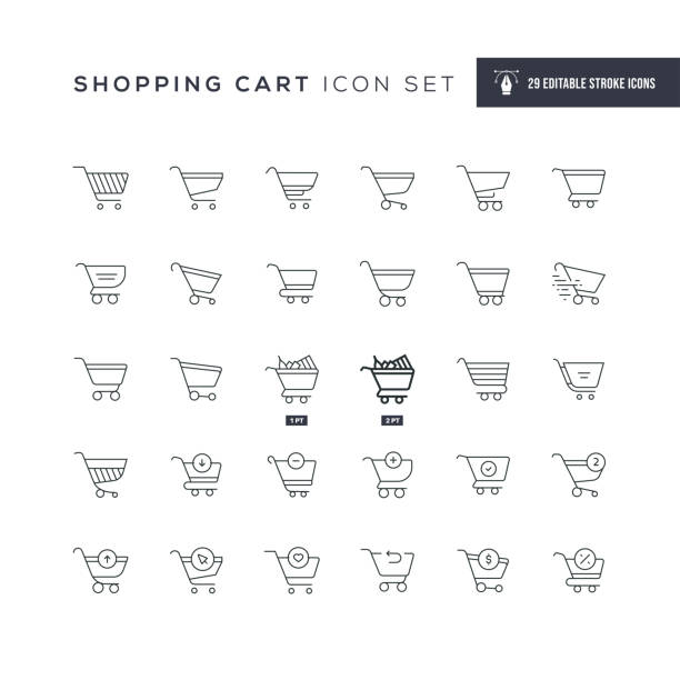 einkaufswagen editierbare strichlinie icons - aussuchen grafiken stock-grafiken, -clipart, -cartoons und -symbole