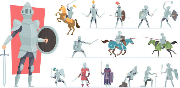 ritter. mittelalterliche krieger in aktion posiert gepanzerte ritter vektor-charaktere im cartoon-stil - ritter stock-grafiken, -clipart, -cartoons und -symbole