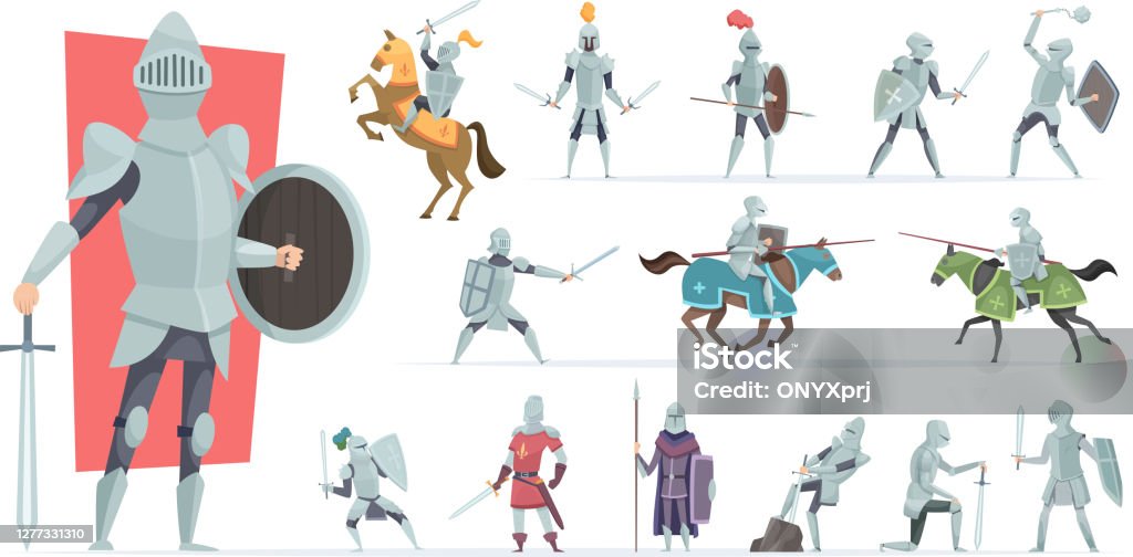 Knights. Medieval warriors in action poses armored knights vector characters in cartoon style Knights. Medieval warriors in action poses armored knights vector characters in cartoon style. Medieval knight in armor, soldier in helmet, military chivalry Knight - Person stock vector