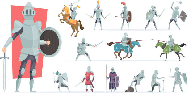 Knights. Medieval warriors in action poses armored knights vector characters in cartoon style Knights. Medieval warriors in action poses armored knights vector characters in cartoon style. Medieval knight in armor, soldier in helmet, military chivalry traditional armor stock illustrations