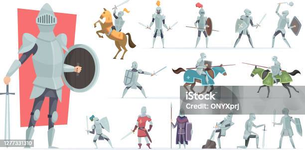 Knights Medieval Warriors In Action Poses Armored Knights Vector Characters In Cartoon Style Stock Illustration - Download Image Now