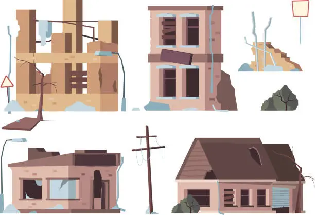 Vector illustration of Abandoned houses. Old trouble damaged facade decayed exterior destroyed buildings vector flat pictures