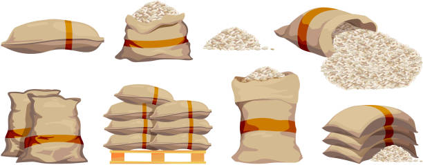 ilustrações de stock, clip art, desenhos animados e ícones de rice bags. pile with sackful textile objects grain agricultural collection vector sacks in cartoon style - sack