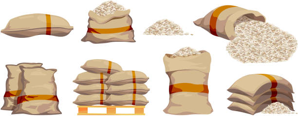 Rice bags. Pile with sackful textile objects grain agricultural collection vector sacks in cartoon style Rice bags. Pile with sackful textile objects grain agricultural collection vector sacks in cartoon style. Rice bag, pile grain agriculture illustration rice food staple stock illustrations