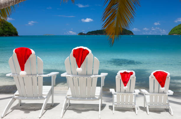 istock Adirondack chairs and palm trees with Christmas hats on a tropical beach 1277331877