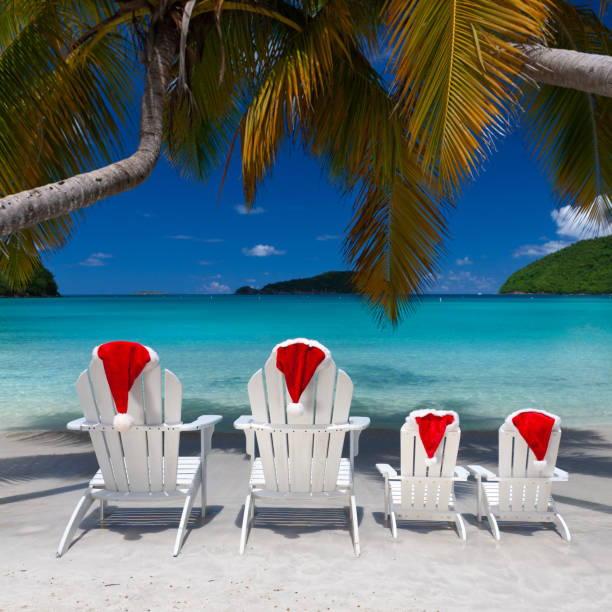 istock Adirondack chairs and palm trees with Christmas hats on a tropical beach 1277331881