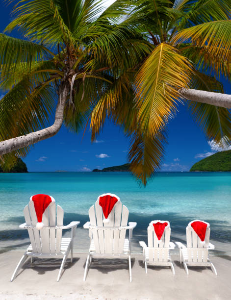 istock Adirondack chairs and palm trees with Christmas hats on a tropical beach 1277331883