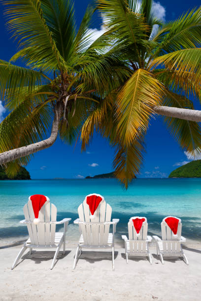 istock Adirondack chairs and palm trees with Christmas hats on a tropical beach 1277331884