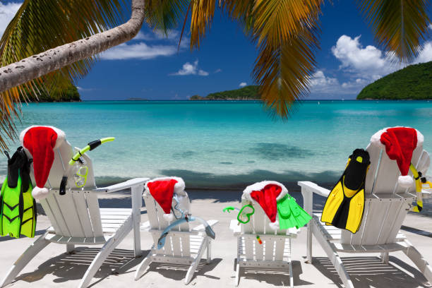 istock Adirondack chairs and palm trees with Christmas hats on a tropical beach 1277331892