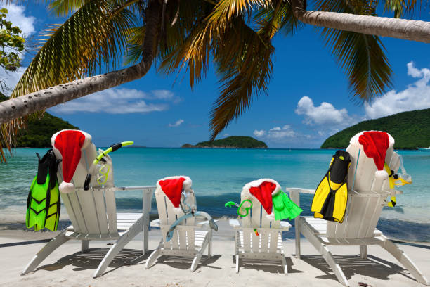 istock Adirondack chairs and palm trees with Christmas hats on a tropical beach 1277331897