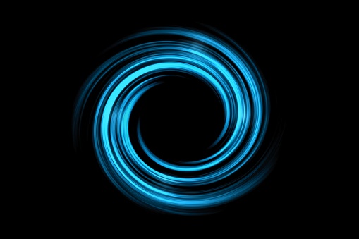 Abstract black holes in space or spiral tunnel with light blue fog on black background