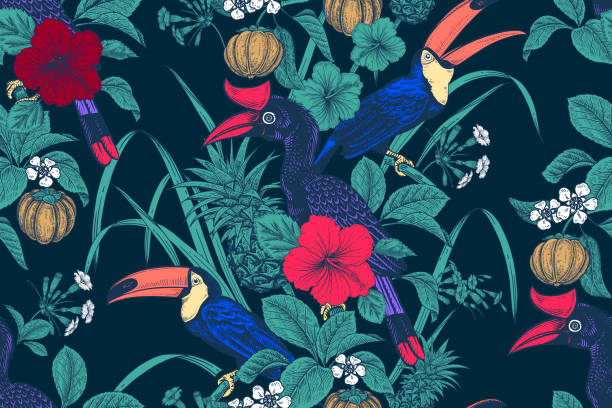 nahtloses muster. tropische vögel, blumen, früchte, blätter auf schwarzem hintergrund. - tree bird flower pattern stock-grafiken, -clipart, -cartoons und -symbole