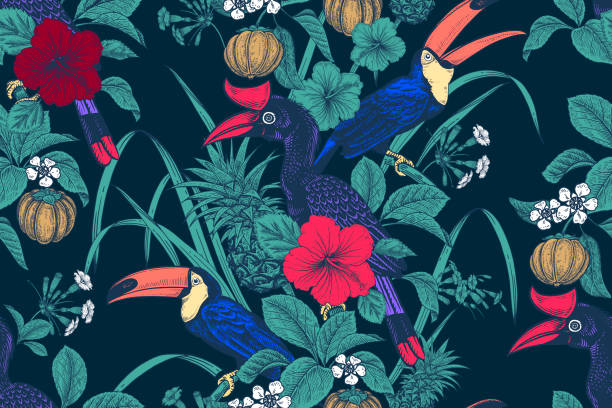 bezszwowy wzór. tropikalne ptaki, kwiaty, owoce, liście na czarnym tle. - egzotyka obrazy stock illustrations