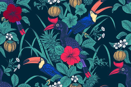 Tropical birds, flowers, fruits, leaves on black background. Floral seamless pattern. Exotic nature. Vector illustration. Vintage. Luxury summer design for Hawaiian shirts, paper, wallpaper, textile.