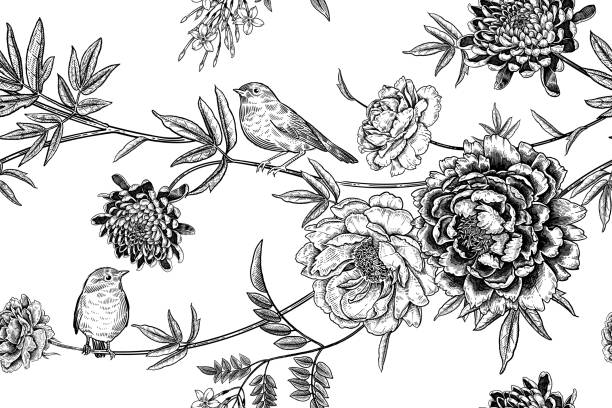 귀여운 새와 꽃 모란. 매끄러운 패턴. 벡터. 빈티지 - victorian style engraved image black and white illustration and painting stock illustrations