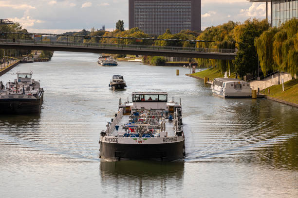 Wolfsburg, Germany - sep 28th 2020: Mittellandkanal (canal) is a man made waterway in Northern Germany. It's still in active use in transporting goods and raw material.