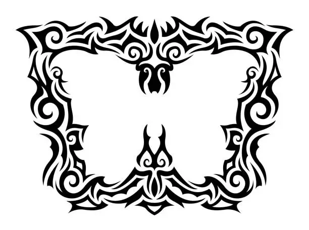 Vector illustration of Tribal tattoo pattern around white butterfly silhouette