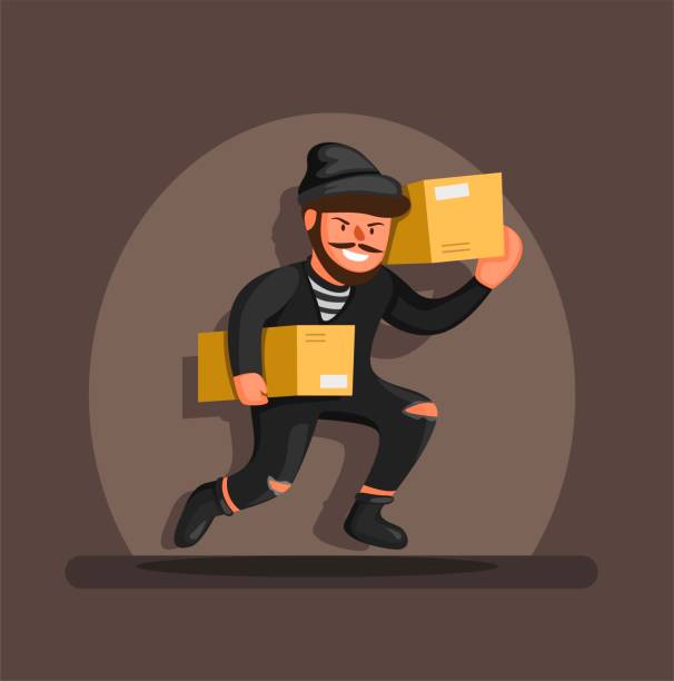 dieb läuft tragebox paket im rampenlicht, online-shop-paket diebstahl prävention symbol zeichenkonzept in cartoon-illustration vektor - klaue stock-grafiken, -clipart, -cartoons und -symbole