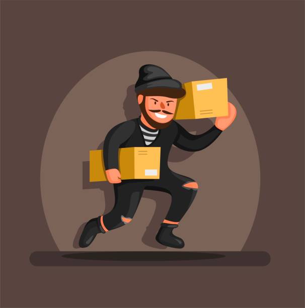 pencuri berjalan membawa paket kotak dalam sorotan, online shop paket pencurian simbol konsep karakter dalam ilustrasi kartun vektor - pencuri ilustrasi stok