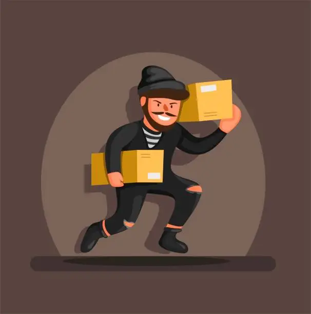 Vector illustration of Thief running carrying box package in spotlight, online shop package theft prevention symbol character concept in cartoon illustration vector