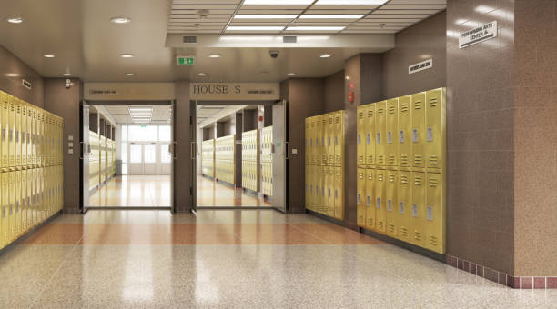 istock Long school corridor with yellow lockers , 3d illustration 1277337570