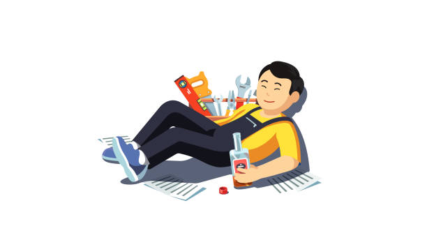 ilustrações de stock, clip art, desenhos animados e ícones de drunk asian mechanic man lying on floor with whiskey alcohol bottle smiling after party celebration. exhausted craftsman worker drinking. addicted alcoholic. flat vector addict character illustration - celebration drunk drinking after party