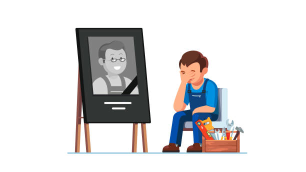 Devastated handyman mourning over death of construction worker colleague or relative suffering psychological pain & sense of loss. Sitting next to photograph of deceased. Flat vector illustration Devastated handyman mourning over death of construction worker colleague or relative suffering psychological pain & sense of loss. Sitting next to photograph of deceased. Flat style vector isolated illustration funeral photos stock illustrations
