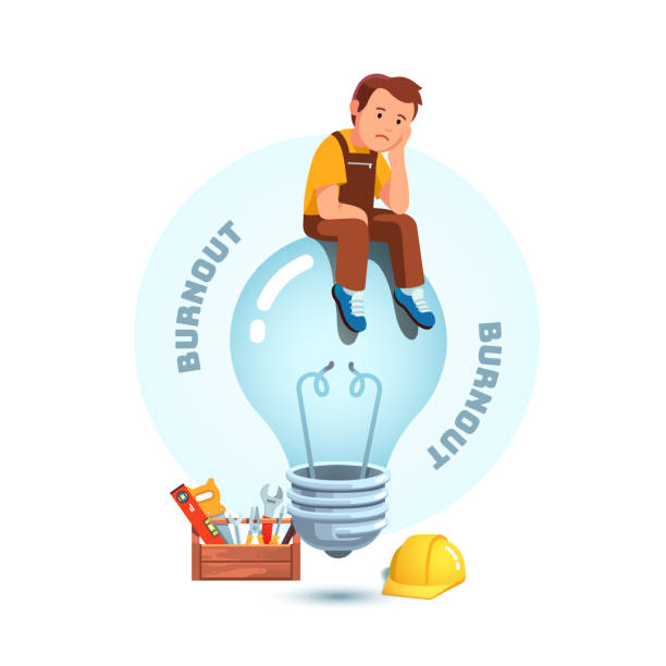 Burnout, frustration, loss of sense of purpose at work concept. Sad depressed creative profession worker or inventor sitting on unlit powered off idea light bulb. Flat vector character illustration Burnout, frustration, loss of sense of purpose at work concept. Sad depressed creative profession worker or inventor sitting on unlit powered off idea light bulb. Flat style vector character isolated illustration lazy construction laborer stock illustrations