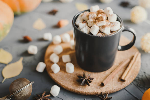 fall season inspired dessert: hot chocolate with mini marshmallows, cinnamon, star anise and cocoa powder served in a black mug with cork coaster. autumn hot drink - portion pumpkin vegetable black imagens e fotografias de stock