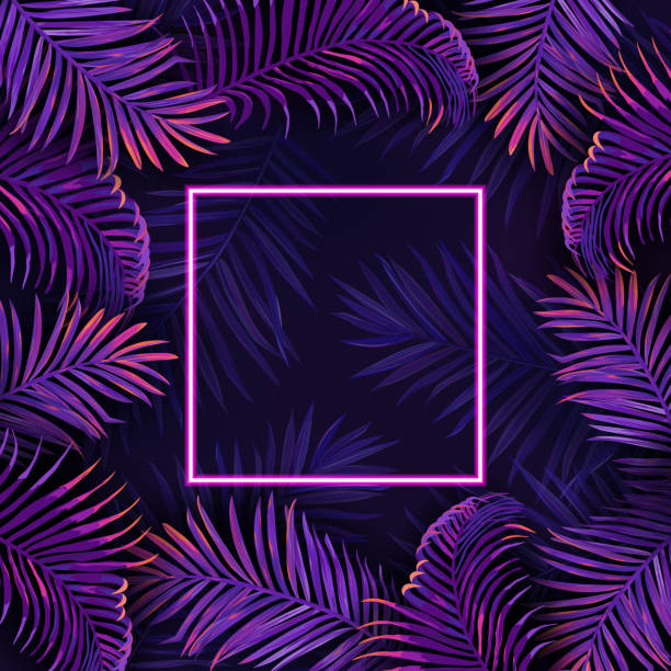 istock Palm neon leaves poster, vector tropic vibrant purple design illustration, jungle summer disco party frame, bright glow floral tropical template with text, exotic invitation card 1277339171