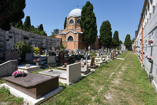 Lublin, Poland - May 24, 2022: New Jewish cemetery and modern building of Synagogue with Memorial Room. Decorative fence in the shape of a Jewish menorah