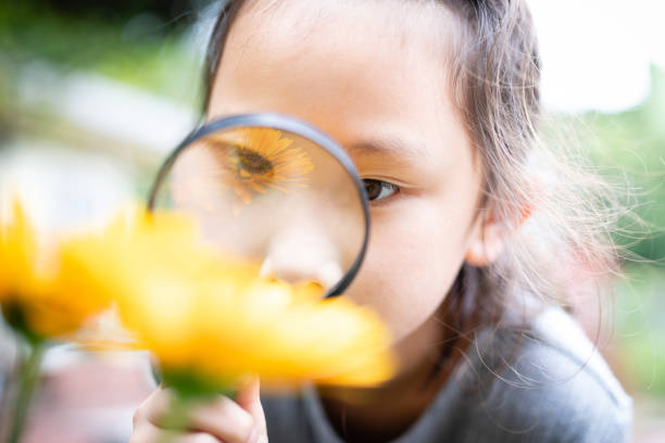 istock Girl looking at flowers with a magnifying glass 1277340970