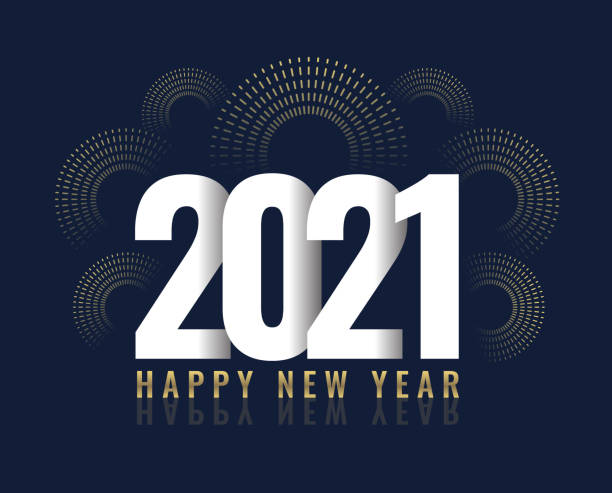 New Year's card 2021 with fireworks, modern design Happy new year 2021 and linear geometric fireworks in background. You can edit the colors or sizes easily if you have Adobe Illustrator or other vector software. All shapes are vector 2021 stock illustrations