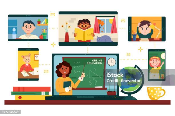 Online Education Teacher With Junior School Students Using Video Conference  Service For Elearning Distant Education From Home Stock Illustration -  Download Image Now - iStock