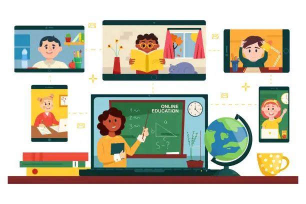Vector illustration of Online education. Teacher with junior school students using video conference service for e-learning, distant education from home.