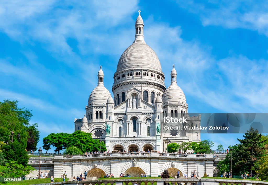 Basilica of Sacre Coeur (Sacred Heart) on Montmartre hill, Paris, France Basilique Du Sacre Coeur - Montmartre Stock Photo