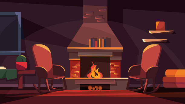 Evening interior with fireplace. Evening interior with fireplace. Cozy location in cartoon style. fireplace and armchair stock illustrations
